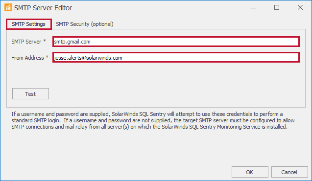 SQL Sentry SMTP Server Editor SMTP Settings