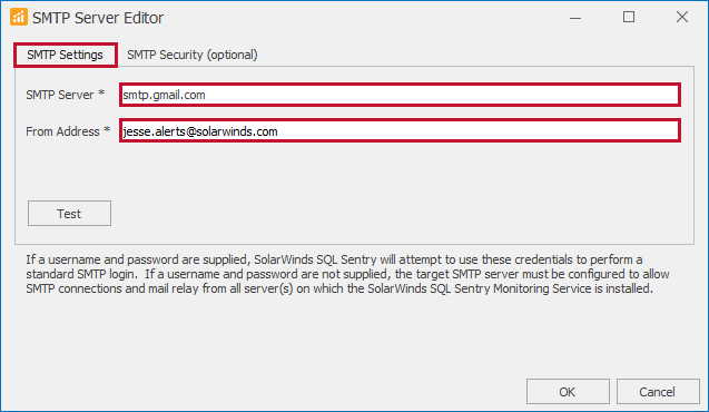 SQL Sentry SMTP Server Editor SMTP Settings Version 2021.12 SQL Sentry SMTP Server Editor SMTP Settings