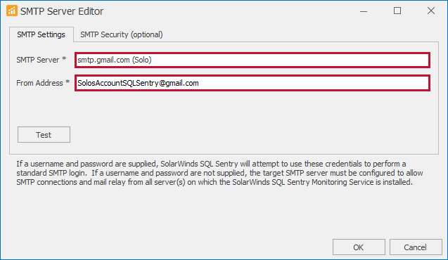 SQL Sentry SMTP Server Editor box