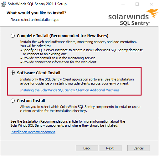 SentryOne Setup Wizard Software Client Install
