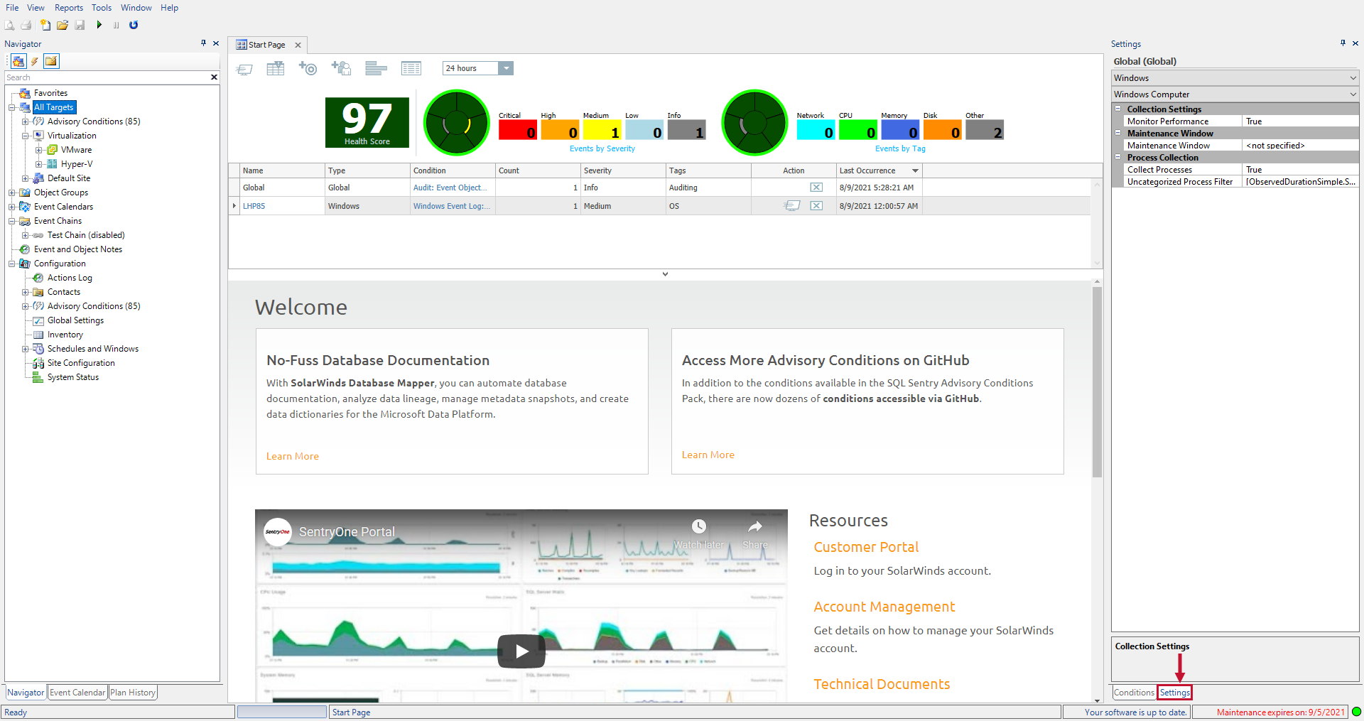 SQL Sentry Start Page open Settings pane Version 2021.12 Start Page open Settings pane