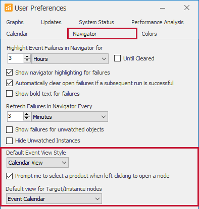 User Preferences example in SQL Sentry User Preferences on the Navigator tab highlighing Default view options for opening target