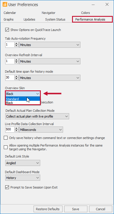 SQL Sentry User Preferences Performance Analysis Overview Skin setting Version 2021.12 User Preferences Performance Analysis Overview Skin setting