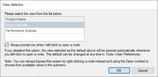 View Selector popup in SQL Sentry View Selector popup window prompting user to select Event Calendar or Performance Analysis