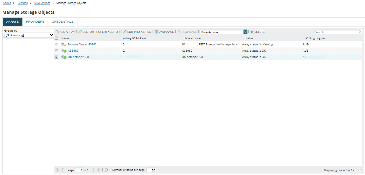 Manage Storage Object - Select an array Manage Storage Object - Select an array