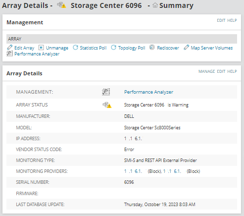 SRM Manage Storage Arrays page SRM Manage Storage Arrays page
