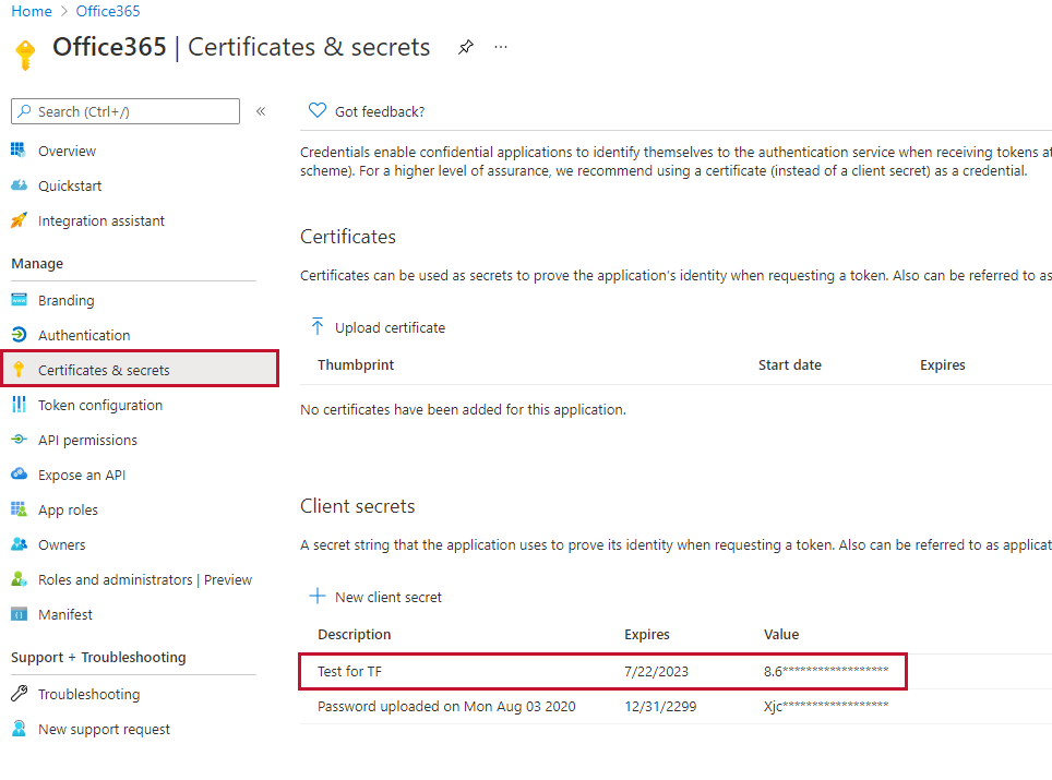 Office365 Certificates & secrets Office365 Certificates & secrets