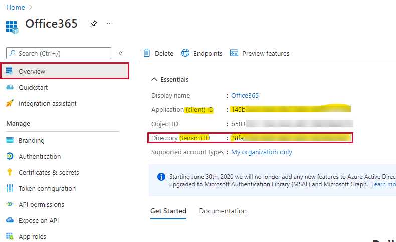 Office365 App Overview Directory (tenant) ID