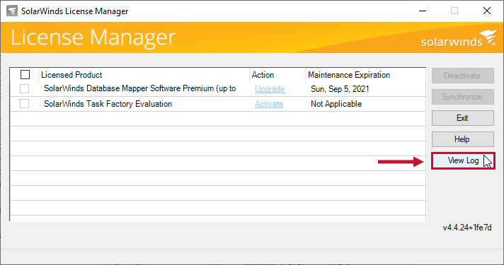 SolarWinds License Manager select View Log SolarWinds License Manager select View Log