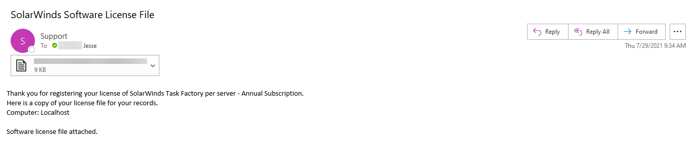 SolarWinds Software License File email example SolarWinds Software License File email example