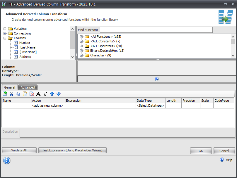 Task Factory Derived Column Transform General Version 2021.18 Task Factory Derived Column Transform General