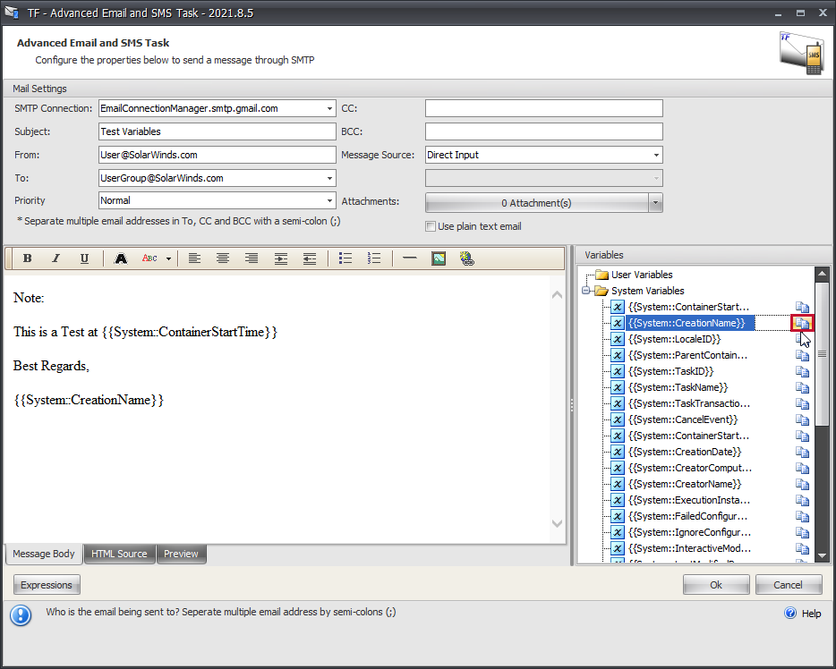 SentryOne Task Factory Advanced Email and SMS Task Copy Variable Version 2021.8 SentryOne Task Factory Advanced Email and SMS Task Copy Variable