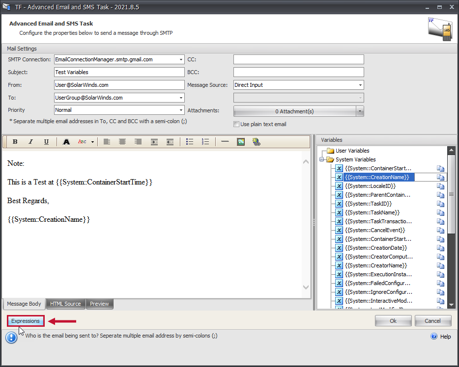 SentryOne Task Factory Advanced Email and SMS Task Expression button Version 2021.8 SentryOne Task Factory Advanced Email and SMS Task Expressions button