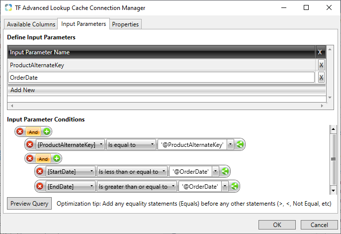 Task Factory Advanced Lookup Cache Connection Manager Input Parameters tab