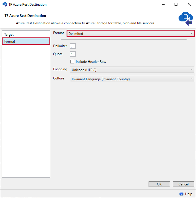 Task Factory Azure Rest Destination Format Delimited Version 2021.18 Task Factory Azure Rest Destination Format Delimited