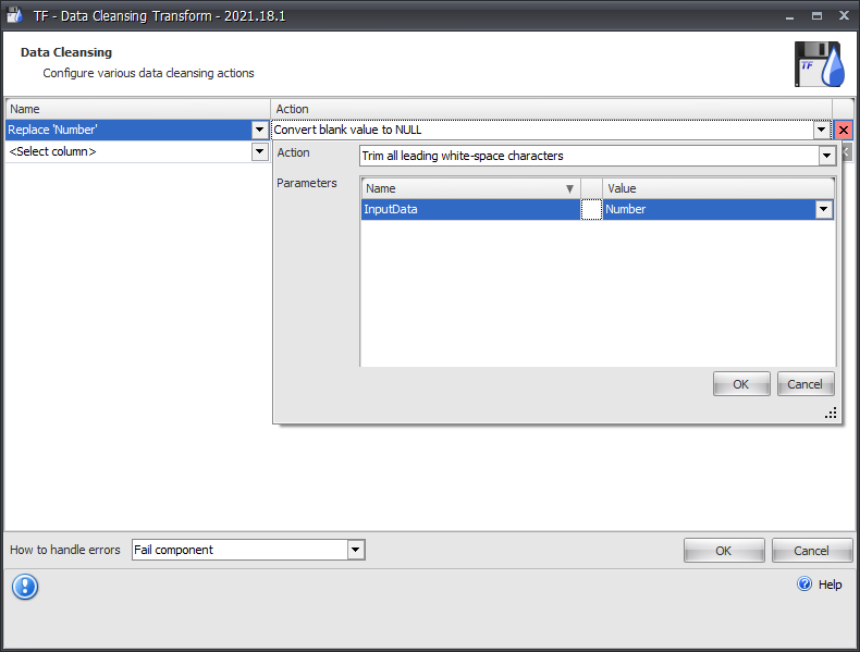 Task Factory Data Cleansing Transformation Editor Action drop-down Version 2021.18 Task Factory Data Cleansing Transformation Editor Action drop-down