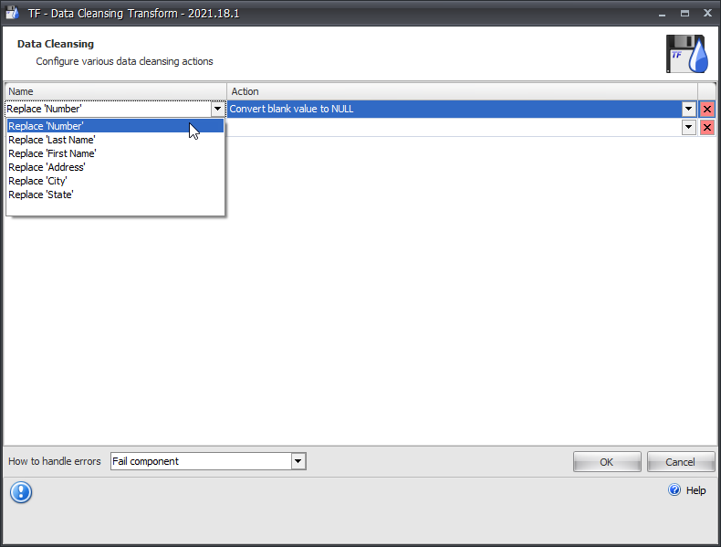 Task Factory Data Cleansing Transformation Editor Name drop-down Version 2021.18 Task Factory Data Cleansing Transformation Editor Name drop-down