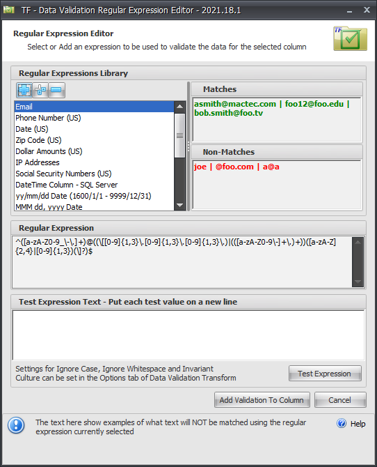 Task Factory Data Validation Regular Expression Editor Version 2021.18 Task Factory Data Validation Regular Expression Editor