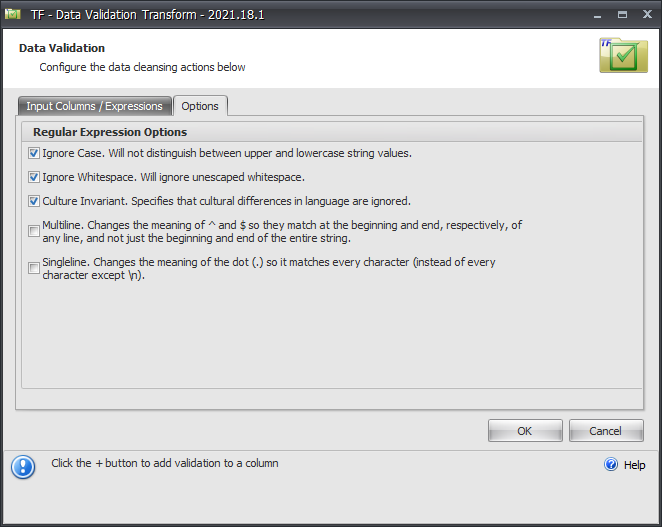 Task Factory Data Validation Transform Options Version 2021.18 Task Factory Data Validation Transfrom Options