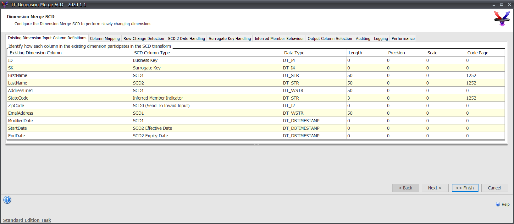 Task Factory Dimension Merge SCD Existing Input Column Definitions Version 2020.1.1 Task Factory Dimension Merge SCD Existing Dimension Input Column Definitions