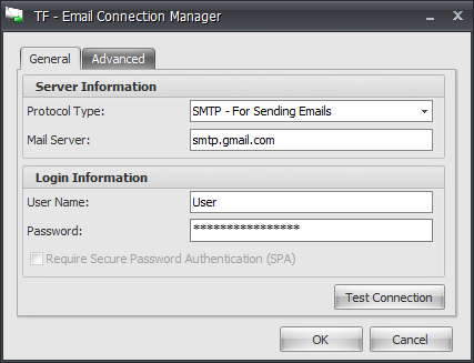 Task Factory Email Connection Manager General tab