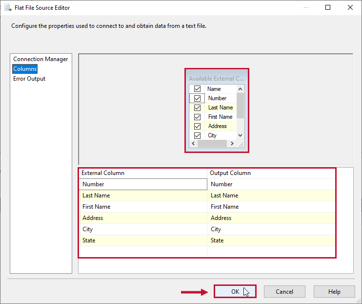 Flat File Source Editor configure columns