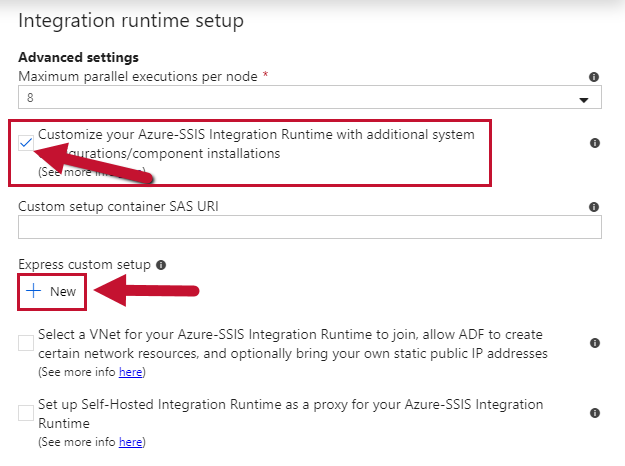Azure SSIS Integration runtime setup Advanced Settings