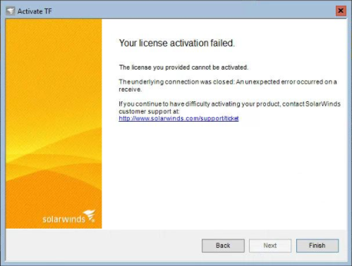 SolarWinds License Manager Your license activation failed message
