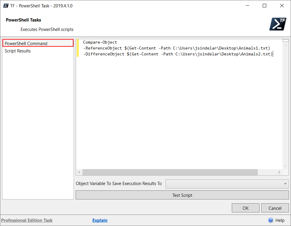 Task Factory PowerShell Task PowerShell Command tab Version 19.4.1 Task Factory PowerShell Task PowerShell Command tab