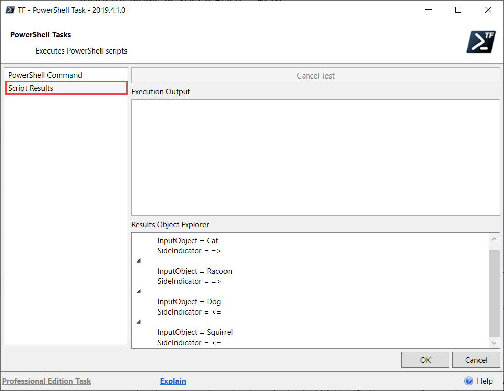 Task Factory PowerShell Script Results tab Version 19.4.1 Task Factory PowerShell Task Script Results tab