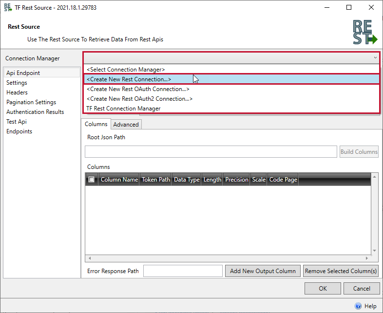 Task Factory Rest Source Create New Rest Connection Version 2021.18 Task Factory Rest Source Create New Rest Connection