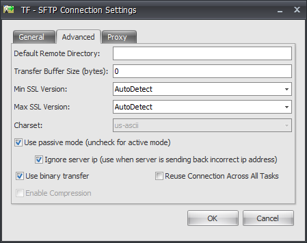 Task Factory SFTP Connection Settings Advanced tab Version 2021.18 Task Factory SFTP Connection Settings Advanced tab