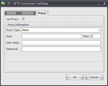 Task Factory SFTP Connection Settings Proxy tab Version 2021.18 Task Factory SFTP Connection Settings Proxy tab