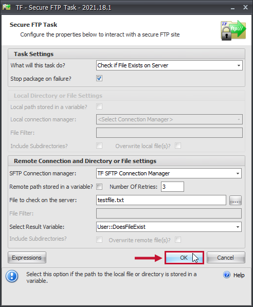 Task Factory Secure FTP Task select Ok Version 2021.18 Task Factory Secure FTP Task select Ok