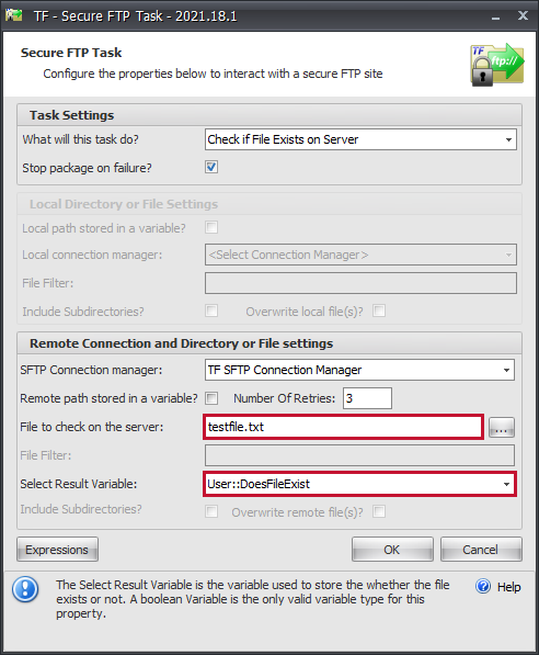 Task Factory Secure FTP Task finish configuration