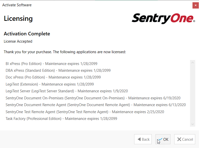 SentryOne Task Factory License Activation complete