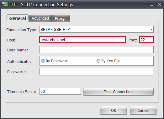 Task Factory SFTP Connection Settings Host information