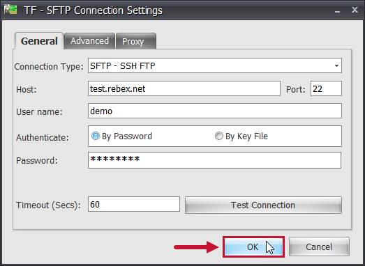 Task Factory SFTP Connection Settings Ok