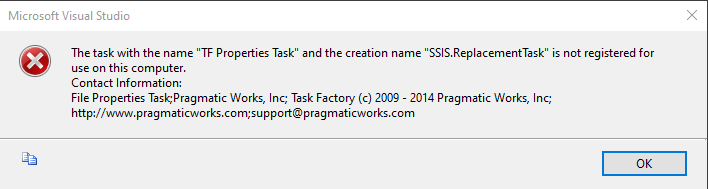 Task Factory SSIS.ReplacementTask Error prompt Version 2020.1.3 Task Factory SSIS.ReplacementTask Error prompt