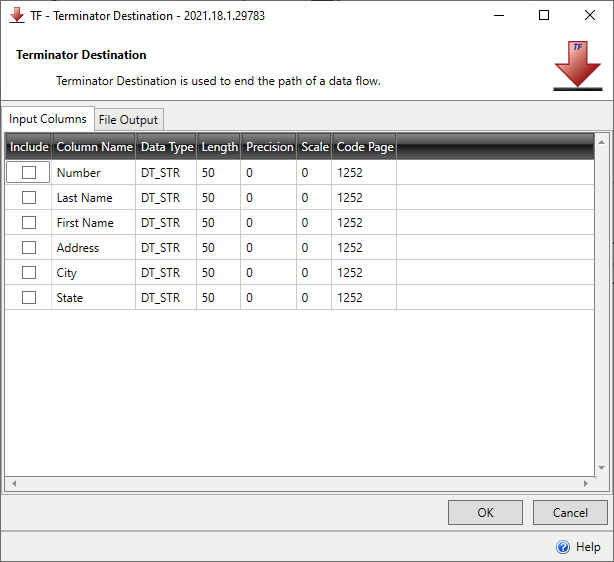 Task Factory Terminator Destination Input Columns