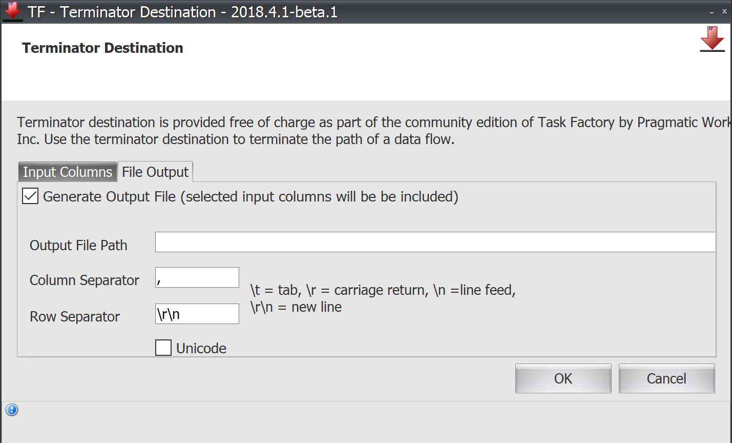 Task Factory Terminator Destination File Output
