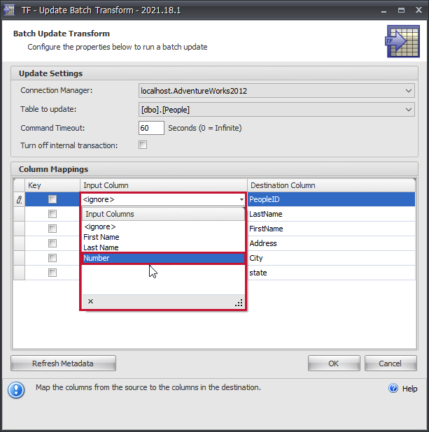 Task Factory Update Batch Transform column mappings Version 2021.18 Task Factory Update Batch Transform column mappings