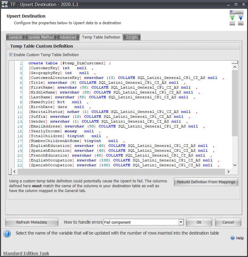 Task Factory Upsert Destination Temp Table Definition Version 2020.1.1 Task Factory Upsert Destination Temp Table Definition