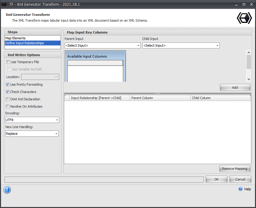 Task Factory Xml Generator Transform Define Input Relationships Version 2021.18 Task Factory Xml Generator Transform Define Input Relationships
