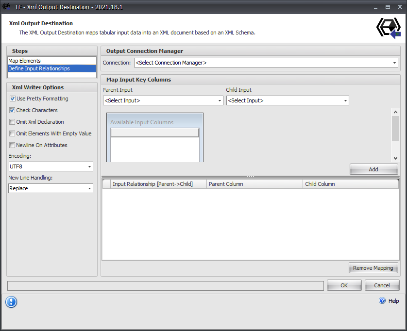 Task Factory Xml Output Destination Define Input Relationships Version 2.3.328 Task Factory Xml Output Destination Define Input Relationships