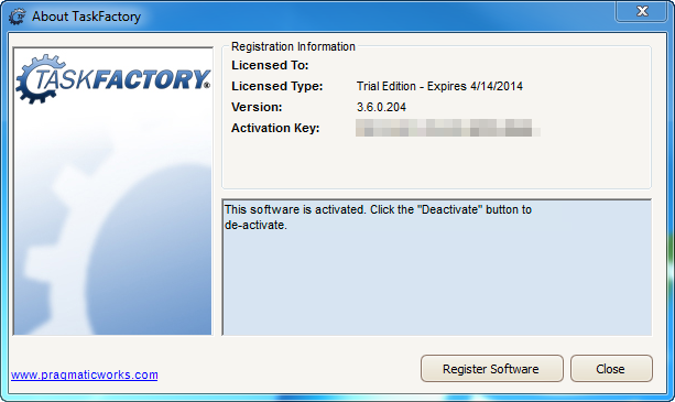 About Task Factory window Version 3.6.0 About Task Factory window