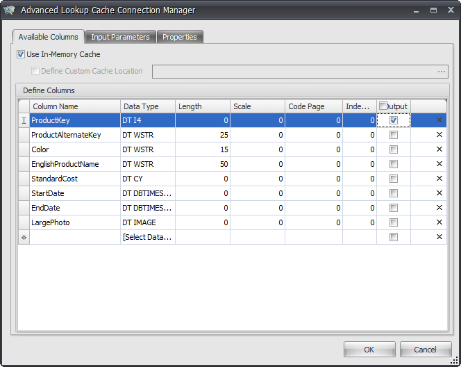 Task Factory Advanced Lookup Connection Manager Available Columns