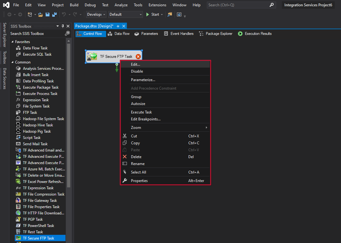 Task Factory Secure FTP Task context menu options Version 2021.18 Task Factory Secure FTP Task context menu options