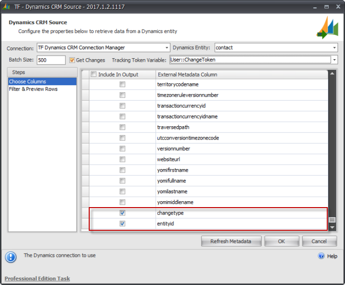 Task Factory Dynamics CRM Source changetype and entityid columns
