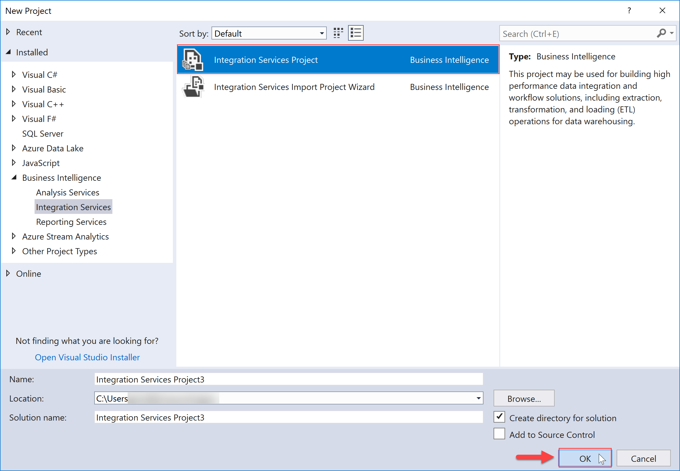 MS Visual Studio Integration Services Project Task Factory select Integration Services Project